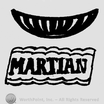 Martian written with uppercase letters inside a rectangular shape with waved sides, crescent with lines above