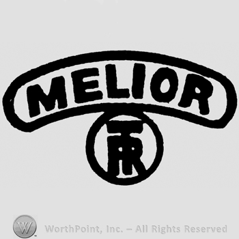 Melior written with uppercase letters on a ribbon, uppercase TR in a circle below
