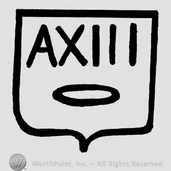 Uppercase AXIII and an oval over a shield