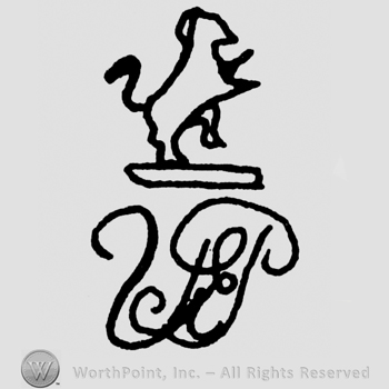 Handwritten uppercase UEP under a stand with a pranced animal