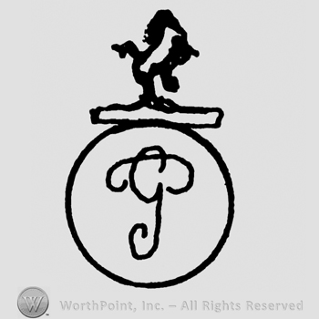 handwritten uppercase G inside a circle, under a stand with a pranced lion