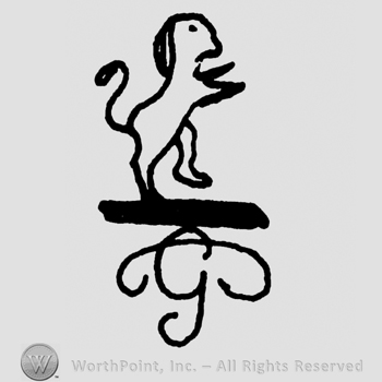 Handwritten uppercase G under a stand with a pranced lion