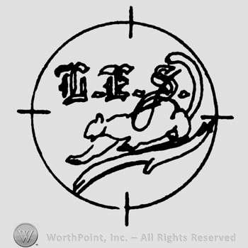 Squirrel on a branch, uppercase L.E. inside a round target-like design
