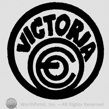 Victoria written with uppercase letters inside a circle with some other round designs inside