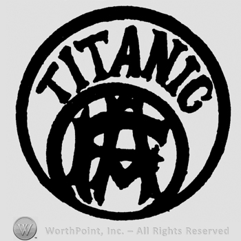 Titanic written with uppercase letters inside a circle and other letters inside a smaller circle