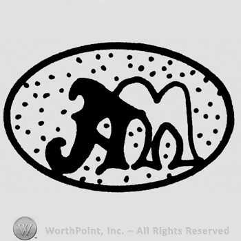 Uppercase handwritten AM inside an oval with dots inside