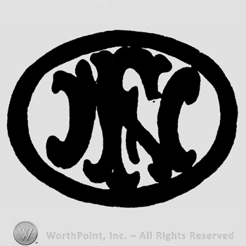 Uppercase ornamented NF inside an oval