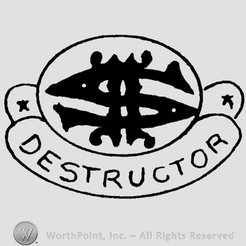 Uppercase SI inside an oval, Destructor written with uppercase letters on a ribbon below the oval, two stars on the right and on the left side of the ribbon