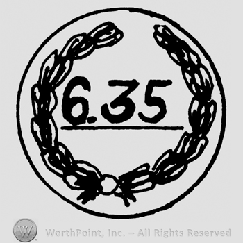 Number 6.35 underlined, inside a circle ornamented with branches