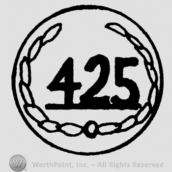 Number 425 underlined inside a circle ornamented with branches