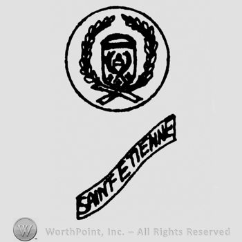 Coat of arms inside a circle, Saint Etienne written below with uppercase letters on a ribbon