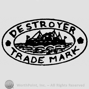 Boats on water in an oval, Destroyer Trade Mark written with uppercase letters
