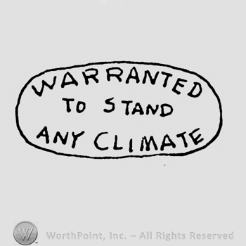 an oval mark with the text Warranted to stand any Climate in uppercase