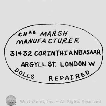 an oval mark with the name and adress of the company: MARSH MANUFACTURER 31-32 CORINTHIANBASSAR ARGYLL ST. LONDON W; DOLLS REPAIRED written bellow.