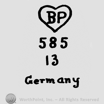 a heart with the initials BP inside; 585 13 GERMANY written bellow.