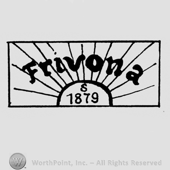 a rectangular logo with a sun and the word Frivona inside; year 1879 written.