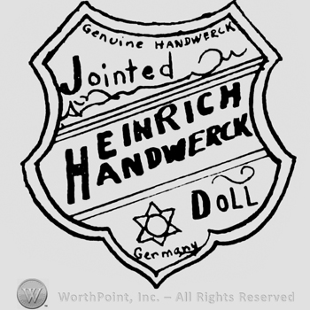 a shield with the text Jointed Heinrich Handwerk Doll; aso a star and GERMANY written bellow.