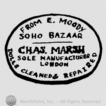 an oval sign with the name and adress of the company: FROM E MOODY SOHO BAZAAR CHAS MARSH SOLE MANUFACTURER LONDON.