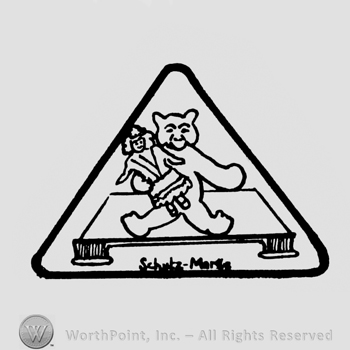 a triangular logo with a bear inside holding a doll