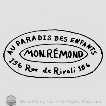 an oval logo with the name and adress of the company: AU PARADIS DES ENFANTS 156 RUE DE RIVOLI MONREMOND.