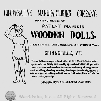 Doll near CO-OPERATIVE MANUFACTURING COMPANY WOODEN DOLLS SPRINGFIELD written.