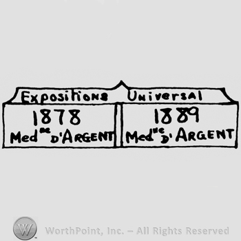 a rectangular logo with a text inside: EXPOSITION UNIVERSAL 1878 1889 MED D'ARGENT.