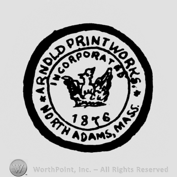 a round logo with an eagle inside and ARNOLD PRINT WORKS NORTH ADAMS , MASS. written on the edge.