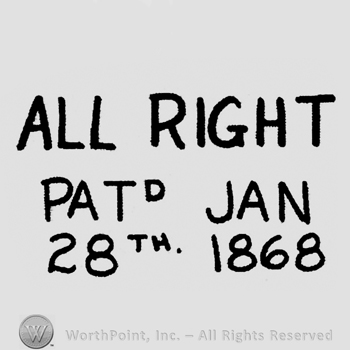 "All Right" written with uppercase letters on the first row, "Patd Jan" written with uppercase letters on the second row and "28th. 1868" written on the third row