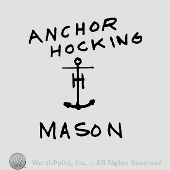 An anchor with letter "H" written on it framed by "Anchor Hocking Mason" written with uppercase letters