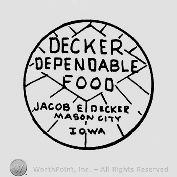 "Decker Dependable food Jacos E. Decker Mason City Iowa" written with uppercase letters, all in a circle