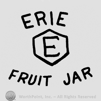 "Erie E Fruit jar" written with uppercase letters, the "E" is in a hexagon