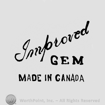 "Improved" handwritten signature-like, "Gem Made in Canada" written with uppercase letters