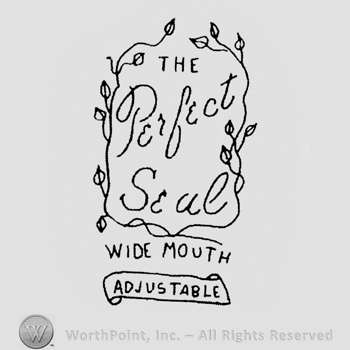 "The Perfect Seal Wide Mouth Adjustable" written with uppercase letters, "Perfect Seal" is handwritten inside a cartouche with vines
