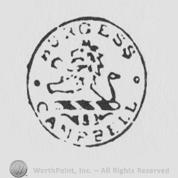Round design with a pranced lion inside a circle, Burgess and Campbell written around it with uppercase letters
