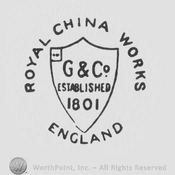a shield design with ROYAL CHINA WORKS ENGLAND G & CO ESTABLISHED 1801 ENGLAND