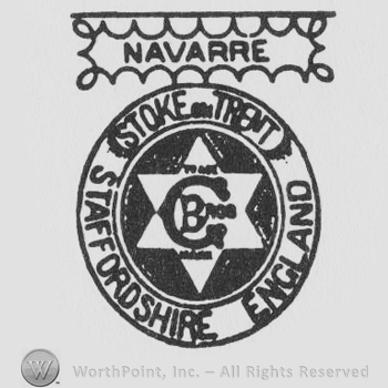 NAVARRE written on a banner over a circular design with the words STOKE ON TRENT, STAFFORDAHIRE, ENGLAND written.  Inside the circle is a STAR OF DAVID with a large letter G with the abbreviation BROS inside the G. 