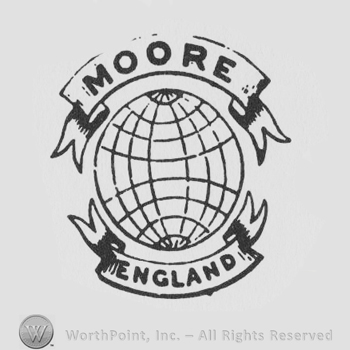 Globe, ribbons above and below, MOORE ENGLAND written with uppercase letters