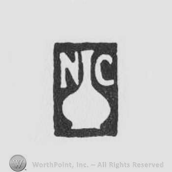 a rectangular design with a vase inside and the initials NC