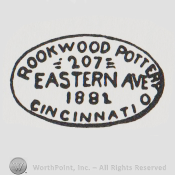 Rookwood Pottery 207 Eastern Ave 1881 Cincinnati O written with uppercase letters inside an oval cartouche