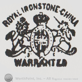 Blazon with pranced lion on the left, pranced unicorn on the right, ROYAL IRONSTONE CHINA written above with uppercase letters, WARRANTED written below the blazon with uppercase letters