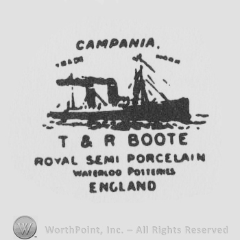 Complex image with a boat, CAMPANIA T&R BOOTE, ROYAL SEMI-PORCELAIN ENGLAND written with uppercase letters