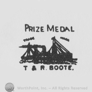 Complex image with a boat, PRIZE MEDAL, T&R BOOTE written with uppercase letters