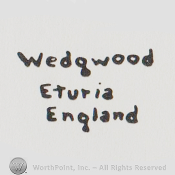 Wedgwood Eturia England written in three rows with lowercase letters