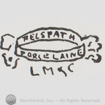 Felspath Porcelaine written with uppercase letters on a ribbon inside a cartouche, LM&C written in uppercase below