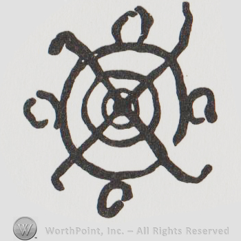 Three concentric circles with two crossed lines over and four other small circles around it
