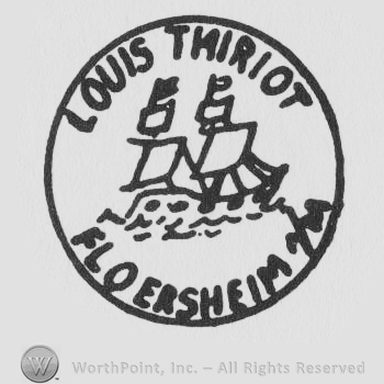 Luis Thiriot Floersheim written with uppercase letters inside a circle with a two pole boat