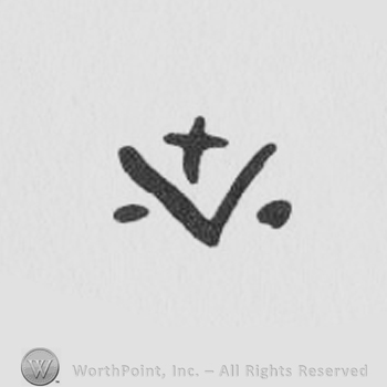 Uppercase V, dot on the right, dot on the left, + sign above