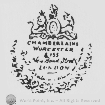 Crowned lion and other figures with a shield above. With writing below CHAMBERLAINS WORCESTER 155 NEW BOND STREET, LONDON. Laurels form a curved bottom to the mark.