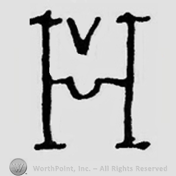 Letter H enclosing a little V.