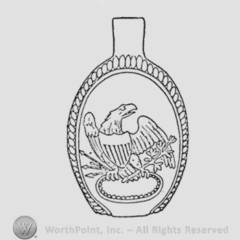 American eagle head turned to the right. Shield with seven bars on breast; wings partly raised and right foreshortened. Thunderbolt (four arrows) in his right talons, olive branch in left with all details. No stars above eagle. Eagle stands on oval frame broken at top with inner band of twenty-five fairly tiny pearls.